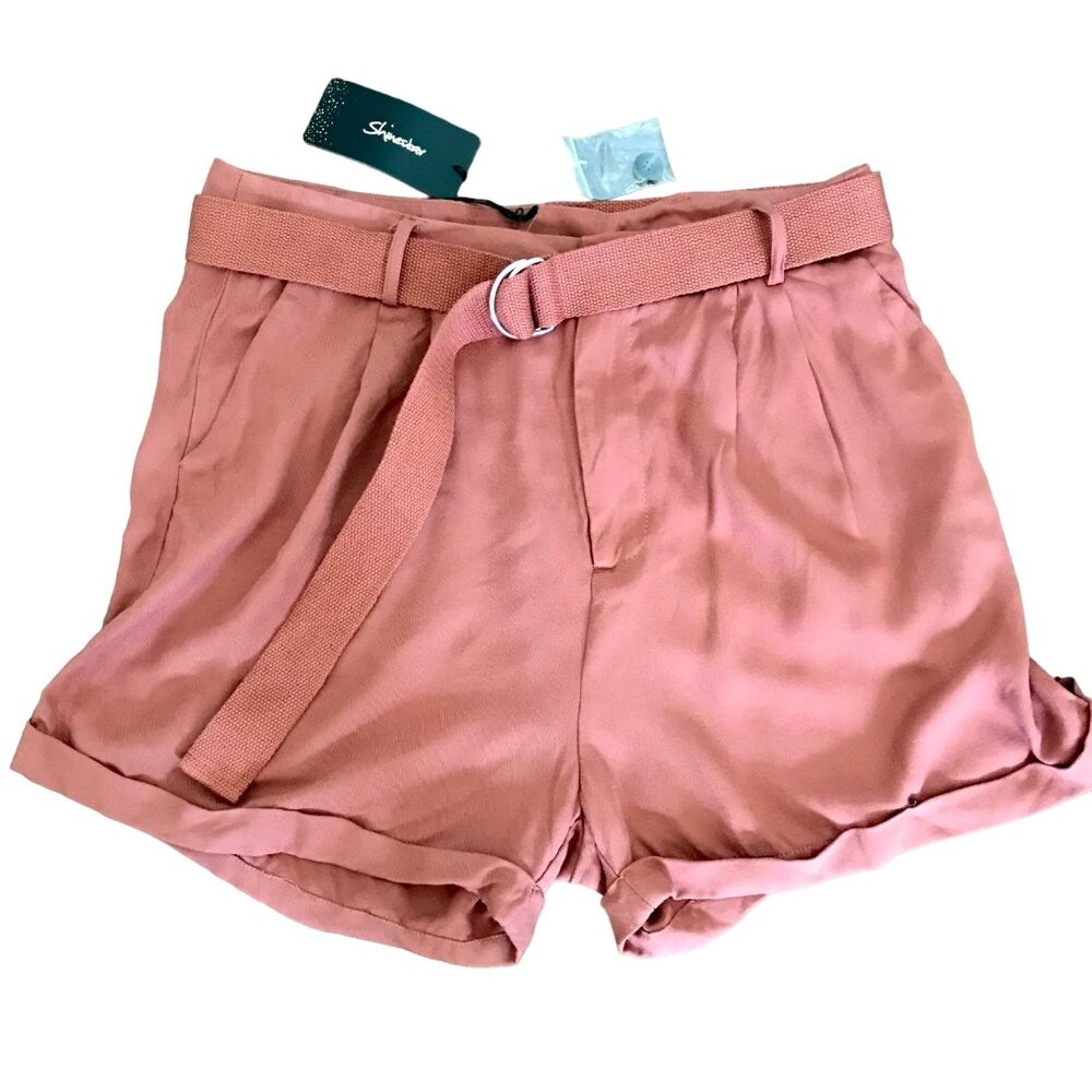 Shinestar Women's High-Waisted Belted Pink Rayon Pleated Casual Shorts. Size L